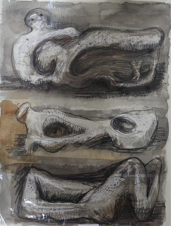 Circle of Henry Moore, watercolour, figural studies 36 x 27cm